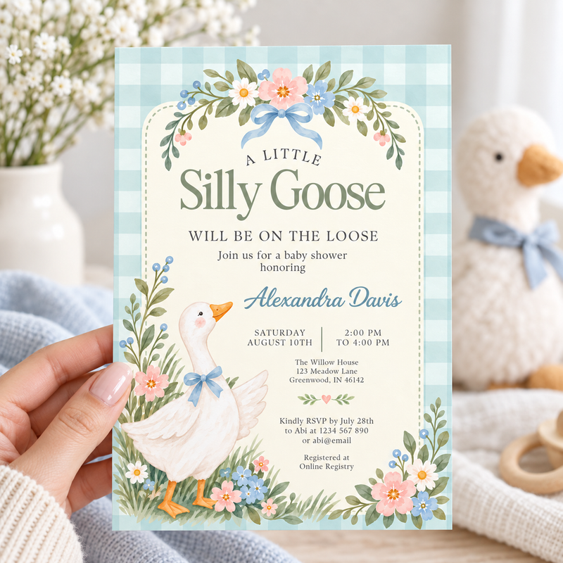 Silly Goose Baby Shower Invitation – Blue Gingham L177