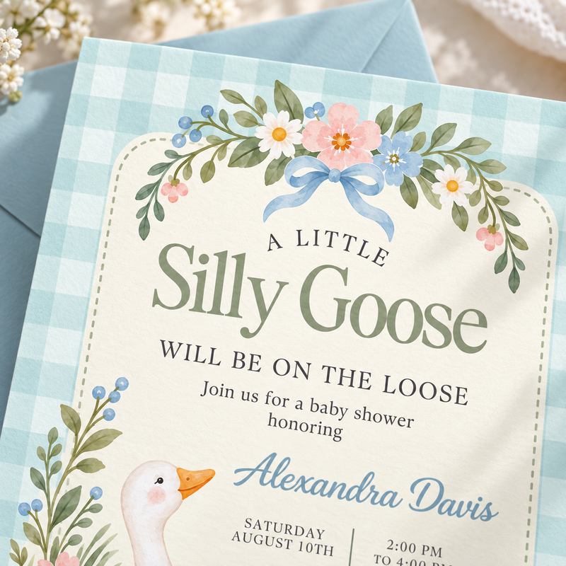 Silly Goose Baby Shower Invitation – Blue Gingham L177