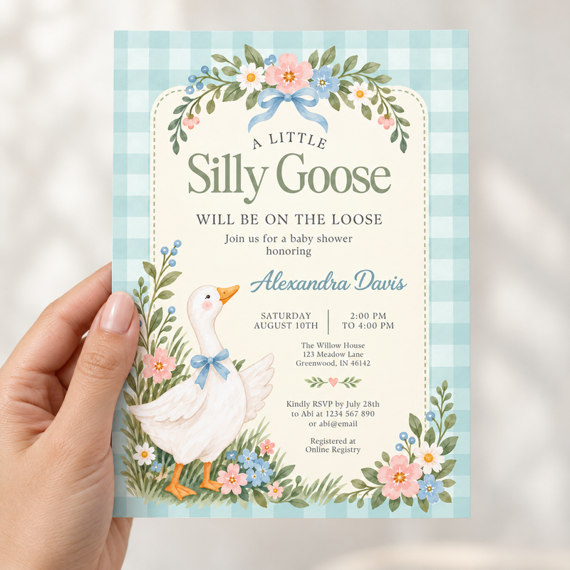 Silly Goose Baby Shower Invitation – Blue Gingham L177