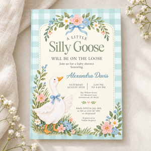 Silly Goose Baby Shower Invitation – Blue Gingham L177