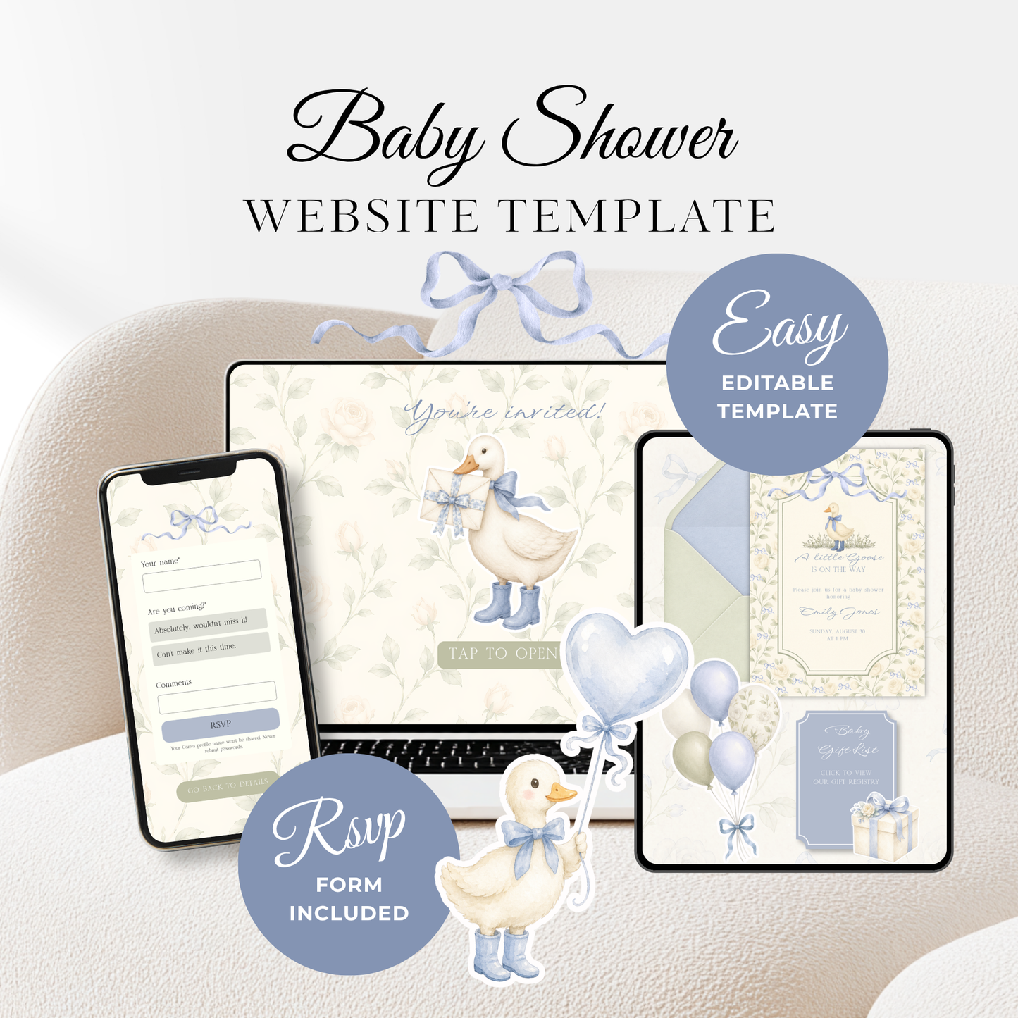Blue Little Goose Baby Shower Invitation Website with RSVP BS150