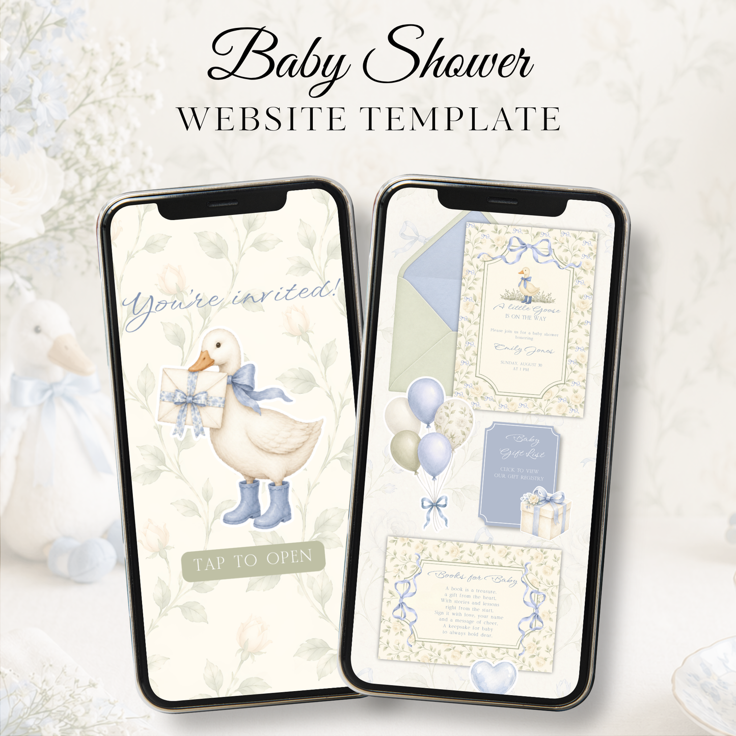 Blue Little Goose Baby Shower Invitation Website with RSVP BS150