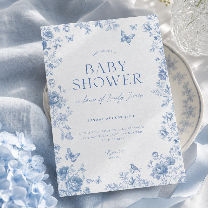 Blue Toile Baby Shower Invitation Bundle BS187