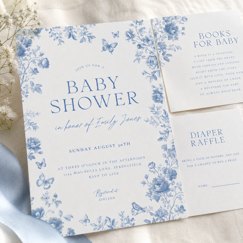 Blue Toile Baby Shower Invitation Bundle BS187