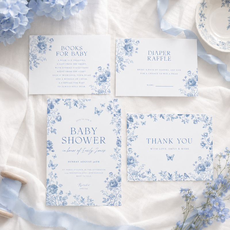 Blue Toile Baby Shower Invitation Bundle BS187