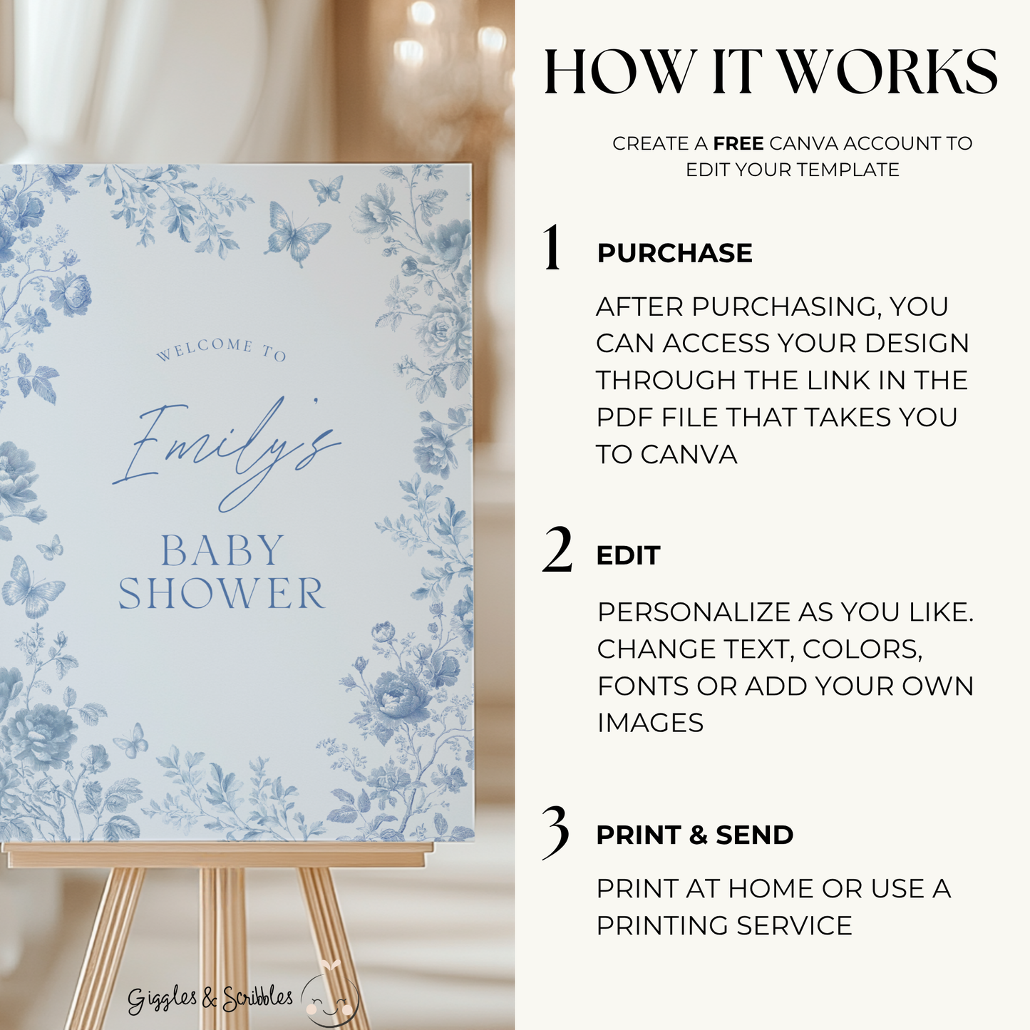 Baby Shower Welcome Sign - Blue Toile de Jouy BS187