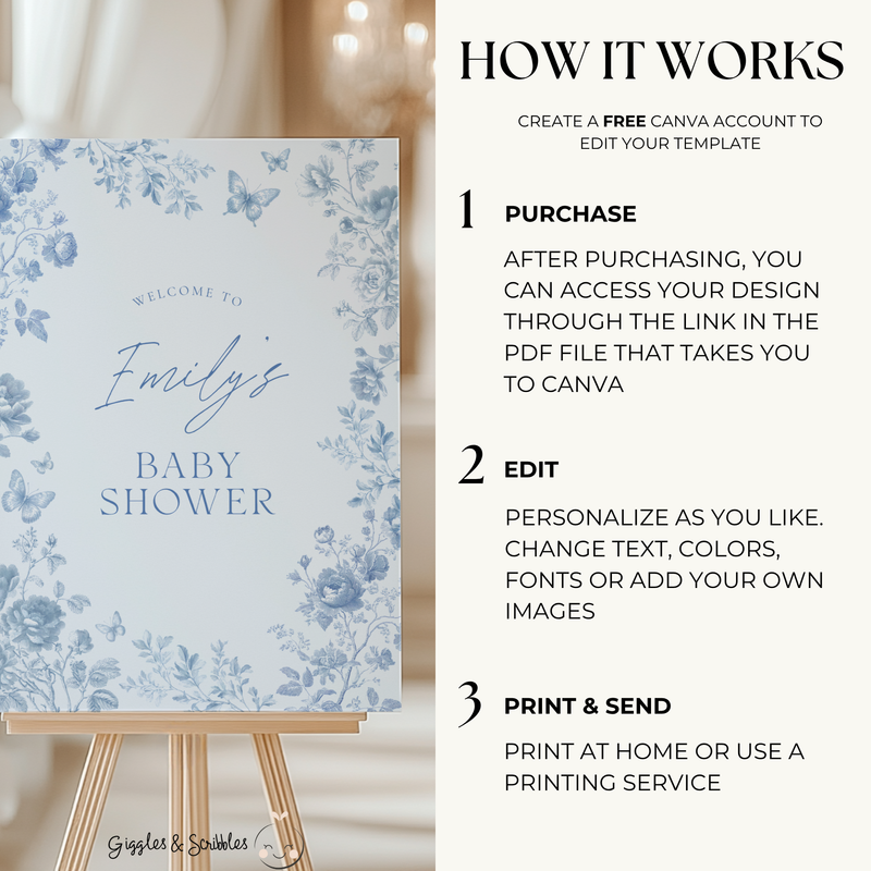 Baby Shower Welcome Sign - Blue Toile de Jouy BS187