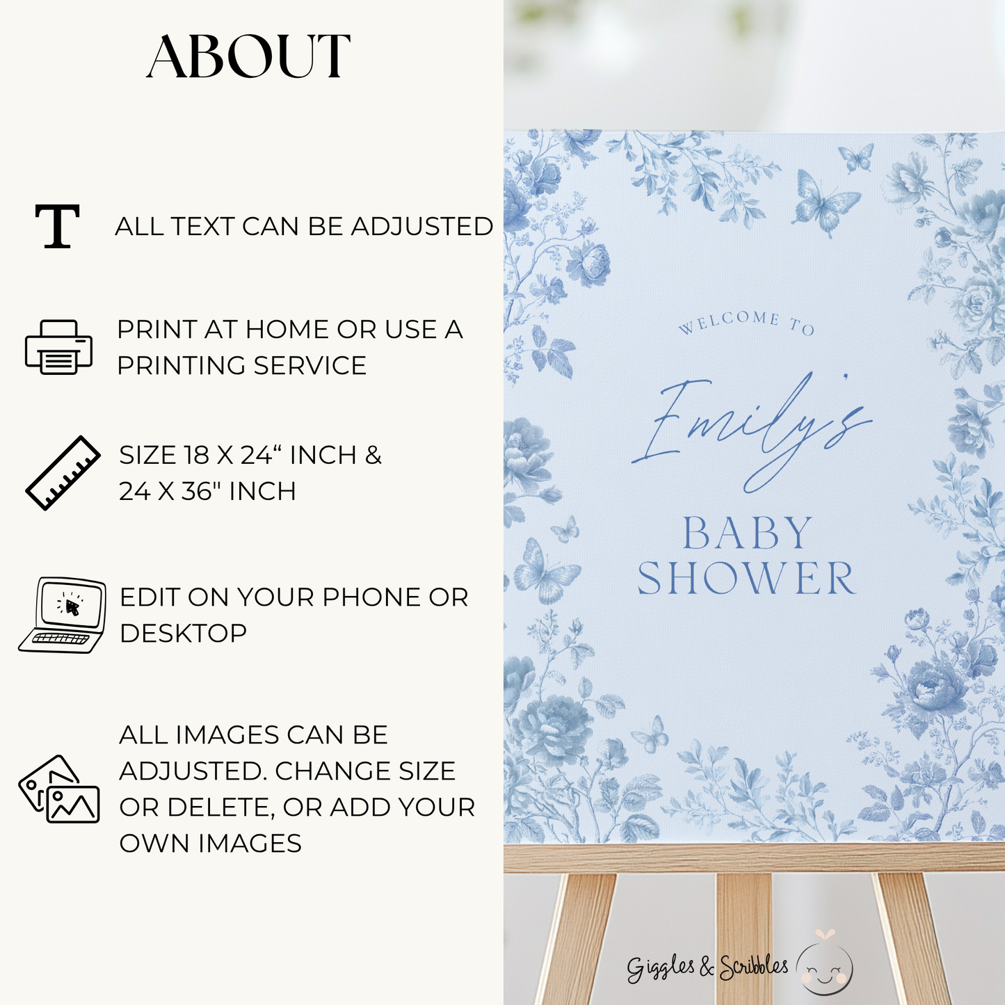 Baby Shower Welcome Sign - Blue Toile de Jouy BS187