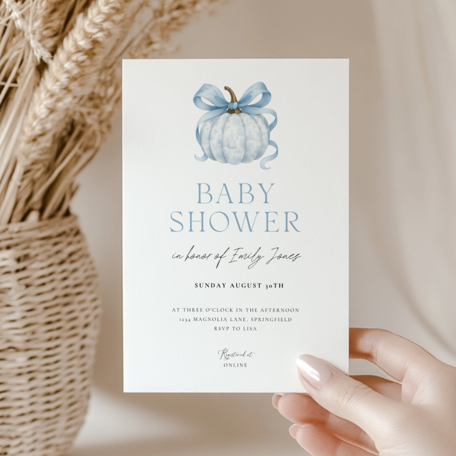 Baby Shower Invitation - Blue Pumpkin with Bow Toile de Jouy BS189