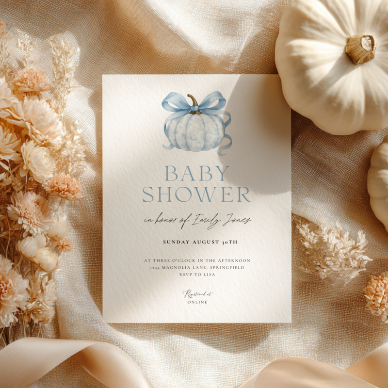 Baby Shower Invitation - Blue Pumpkin with Bow Toile de Jouy BS189