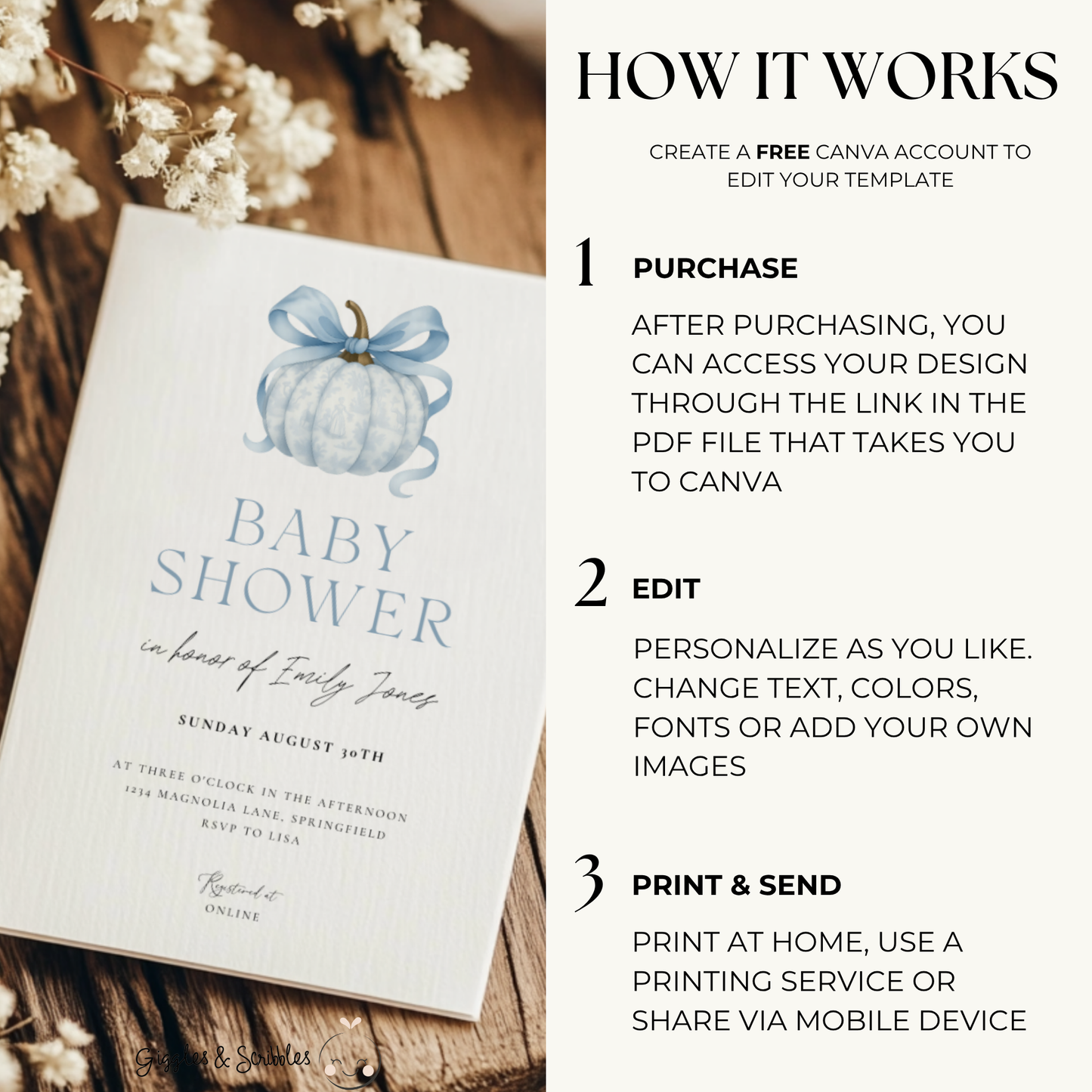 Baby Shower Invitation - Blue Pumpkin with Bow Toile de Jouy BS189