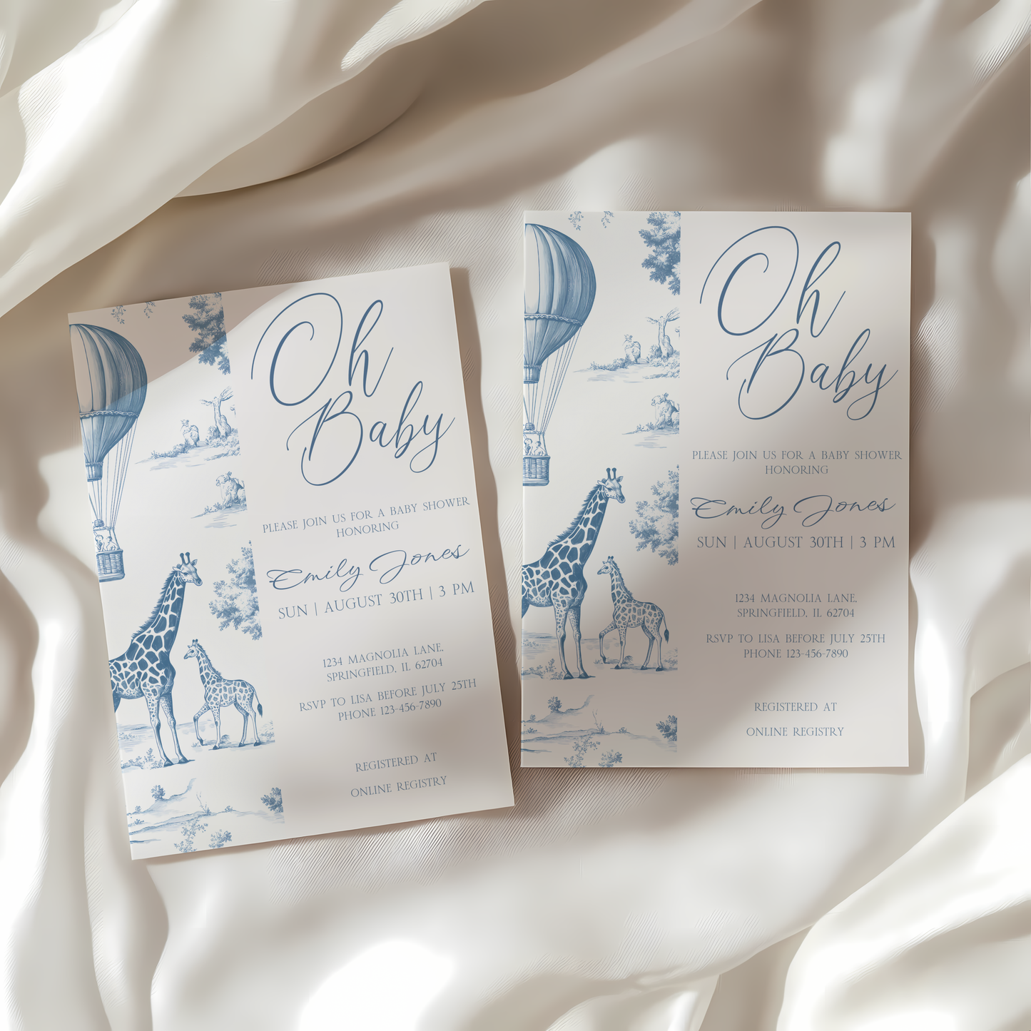 Baby Shower Invitation - Blue Toile de Jouy Safari Elegant Hot Air Balloon BS121