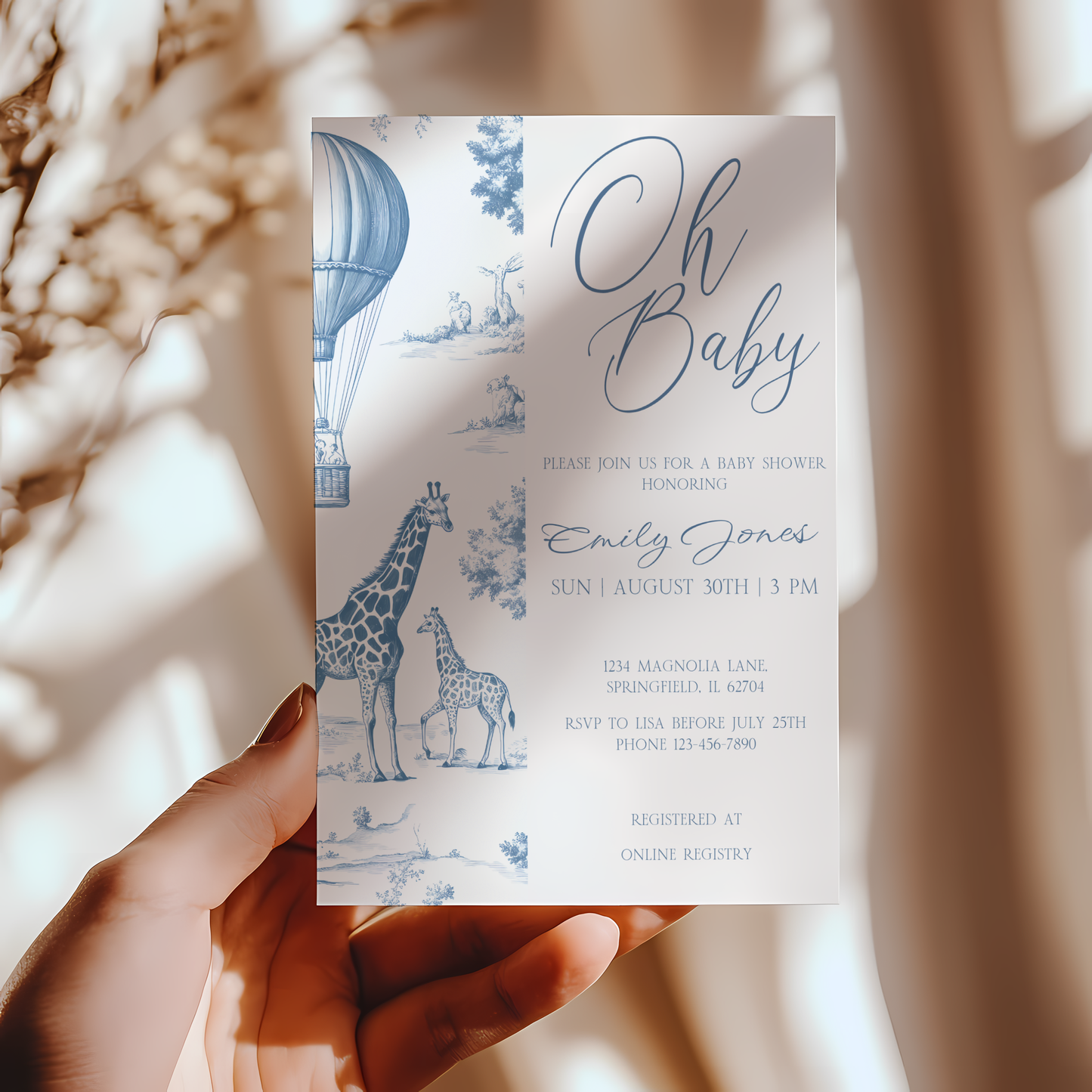 Baby Shower Invitation - Blue Toile de Jouy Safari Elegant Hot Air Balloon BS121