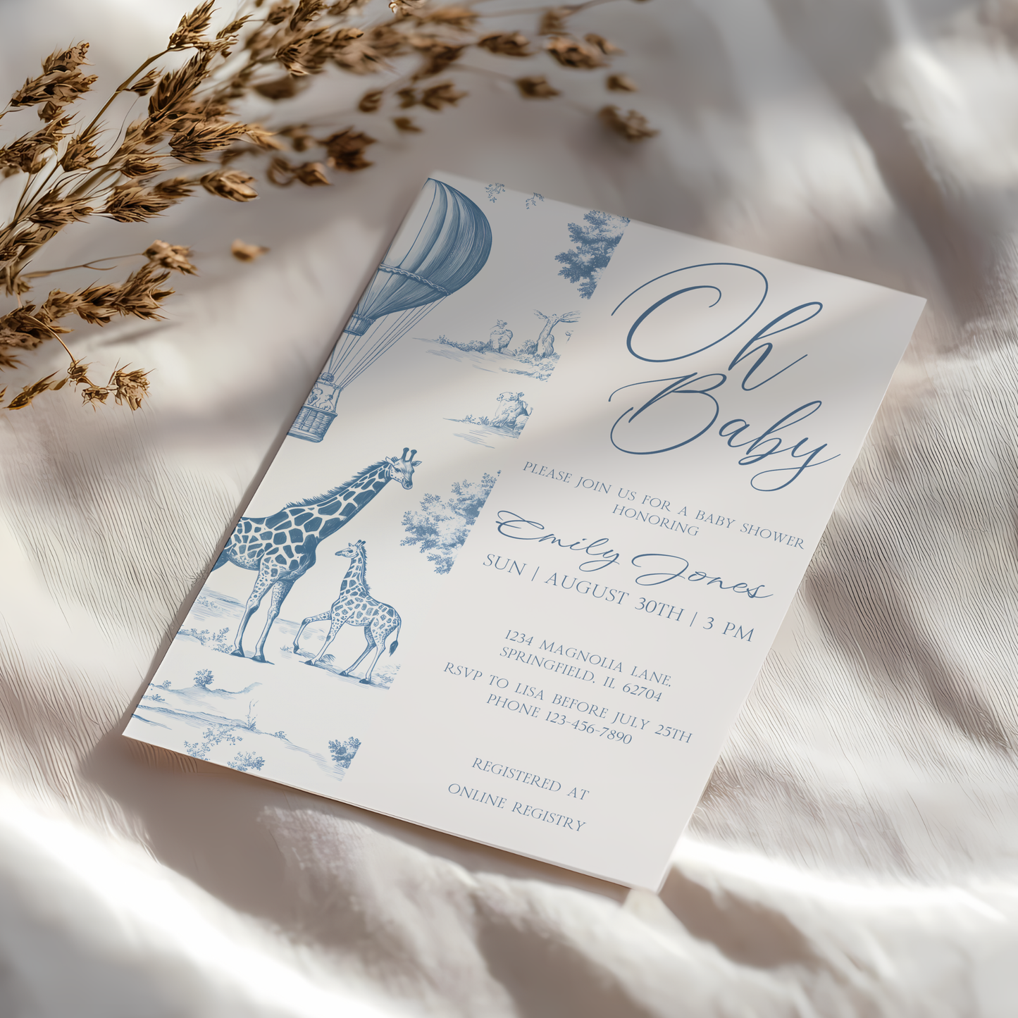 Baby Shower Invitation - Blue Toile de Jouy Safari Elegant Hot Air Balloon BS121