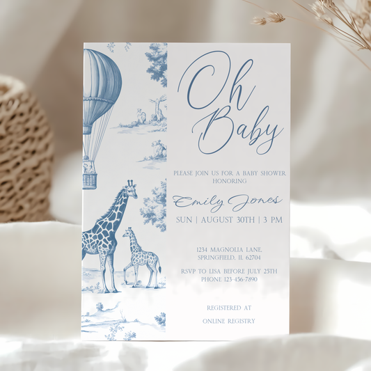 Baby Shower Invitation - Blue Toile de Jouy Safari Elegant Hot Air Balloon BS121
