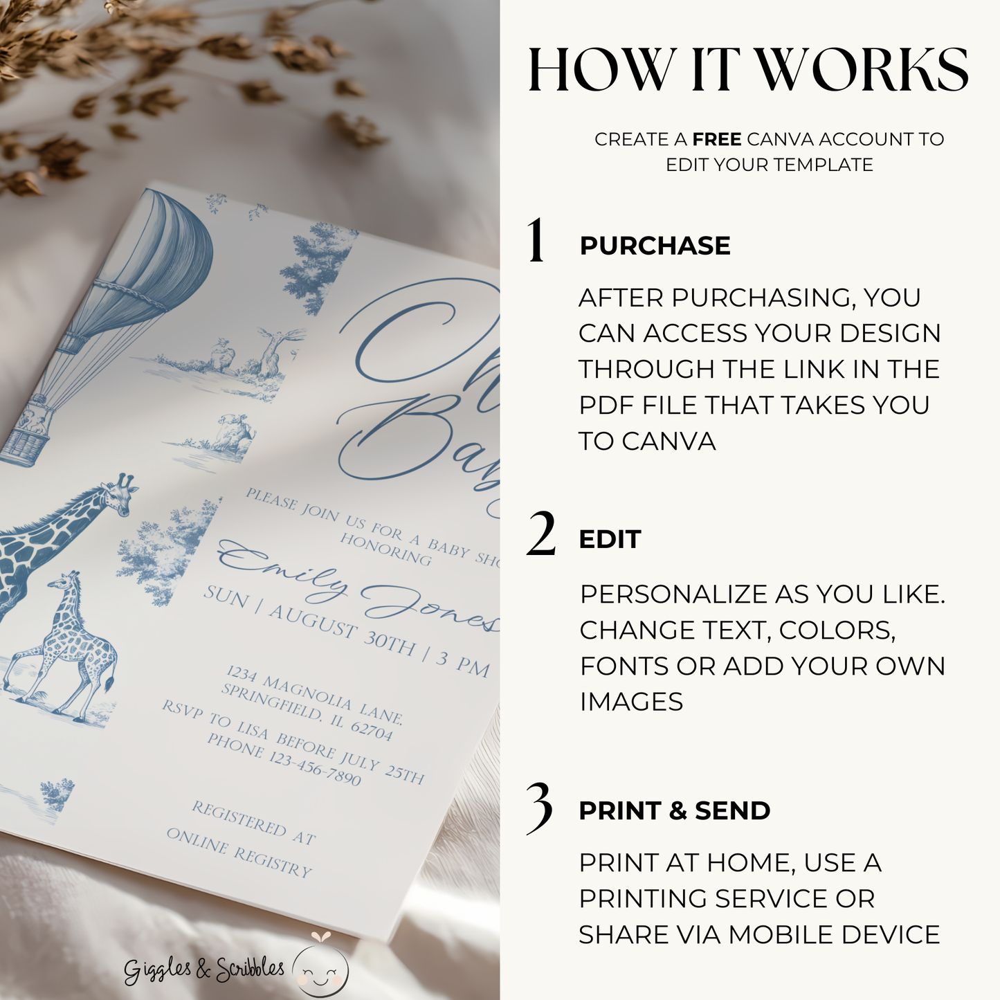 Baby Shower Invitation - Blue Toile de Jouy Safari Elegant Hot Air Balloon BS121