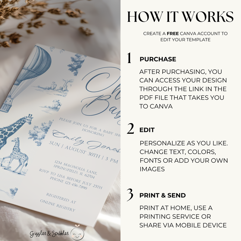 Baby Shower Invitation - Blue Toile de Jouy Safari Elegant Hot Air Balloon BS121