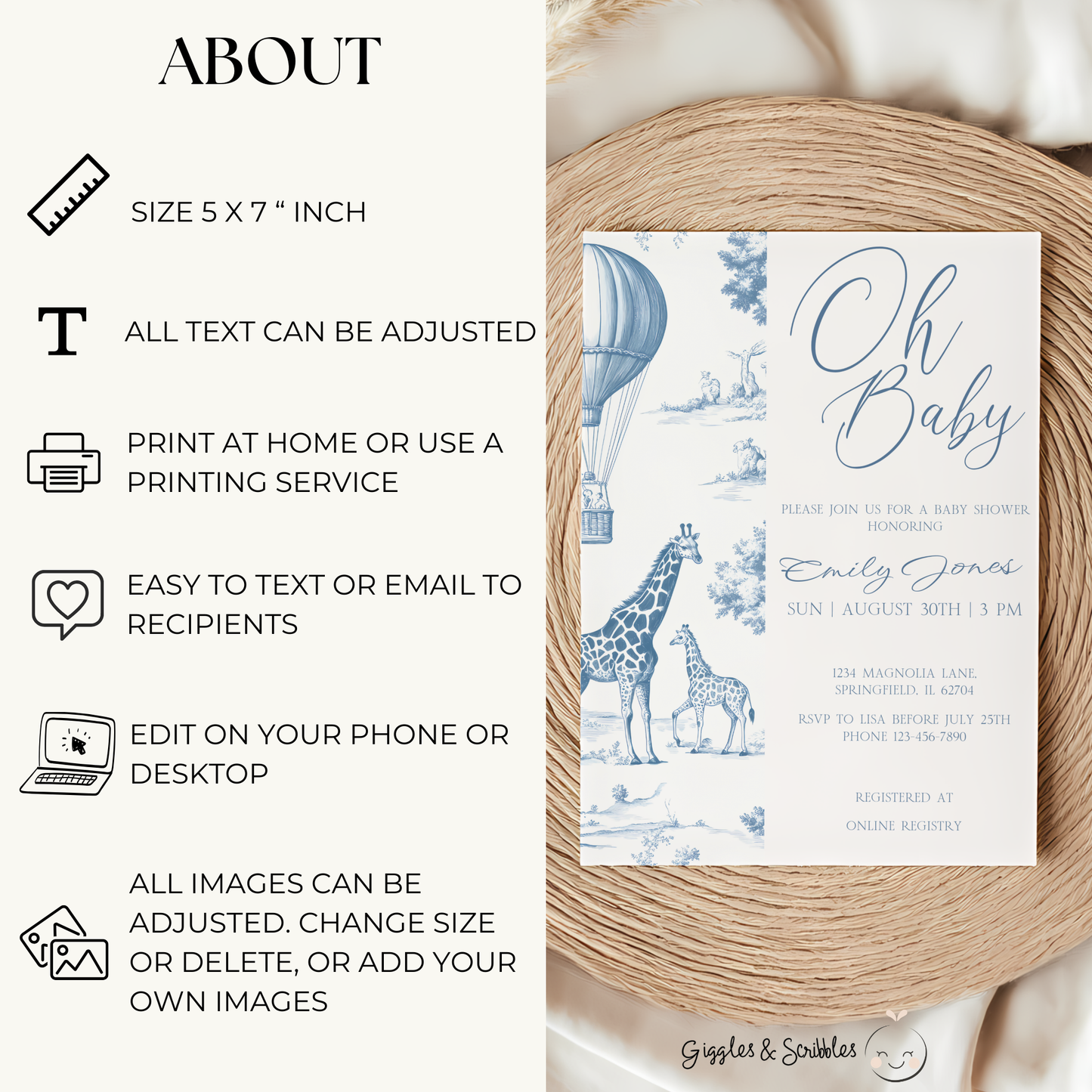 Baby Shower Invitation - Blue Toile de Jouy Safari Elegant Hot Air Balloon BS121