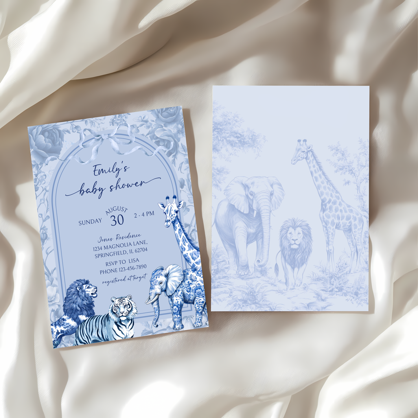 Baby Shower Invitation - Blue Toile Safari Jungle BS85