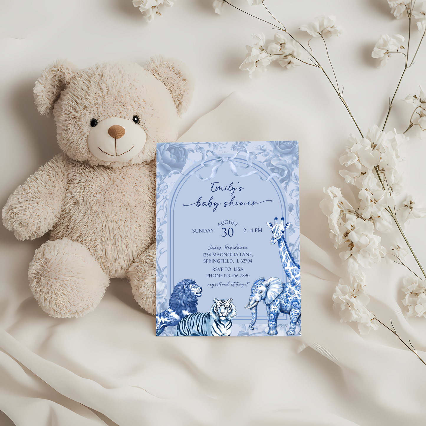 Baby Shower Invitation - Blue Toile Safari Jungle BS85