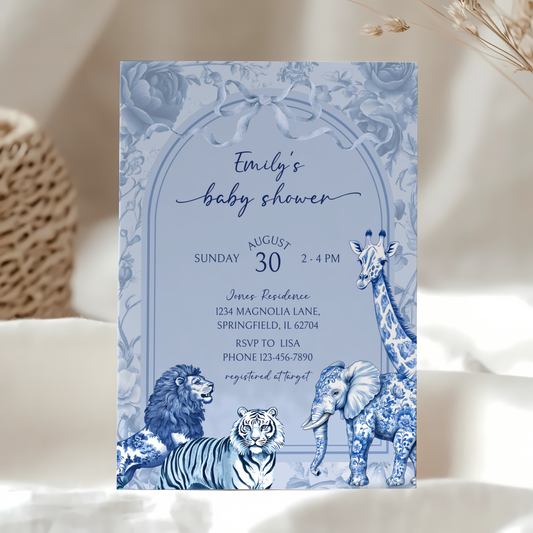 Baby Shower Invitation - Blue Toile Safari Jungle BS85