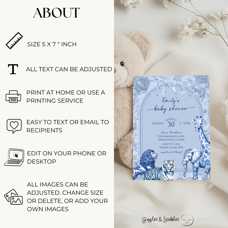 Baby Shower Invitation - Blue Toile Safari Jungle BS85