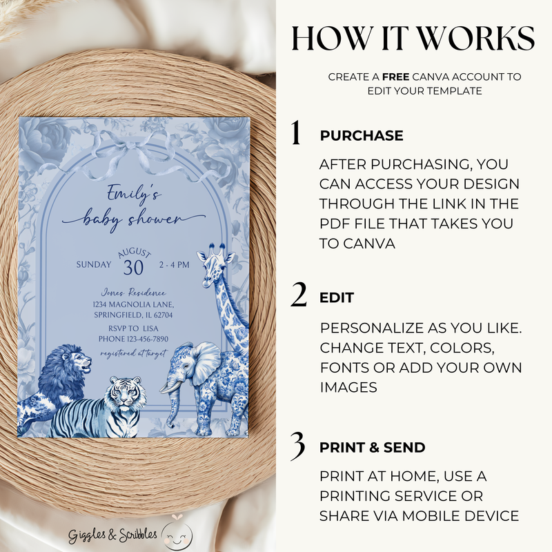 Baby Shower Invitation - Blue Toile Safari Jungle BS85