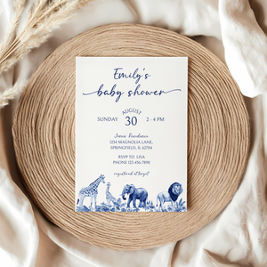 Baby Shower Invitation - Blue Safari Toile de Jouy Jungle BS91