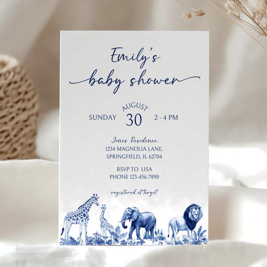 Baby Shower Invitation - Blue Safari Toile de Jouy Jungle BS91