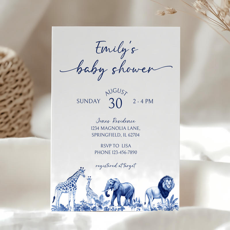 Baby Shower Invitation - Blue Safari Toile de Jouy Jungle BS91