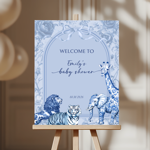 Baby Shower Welcome Sign - Blue Toile de Jouy Safari BS85