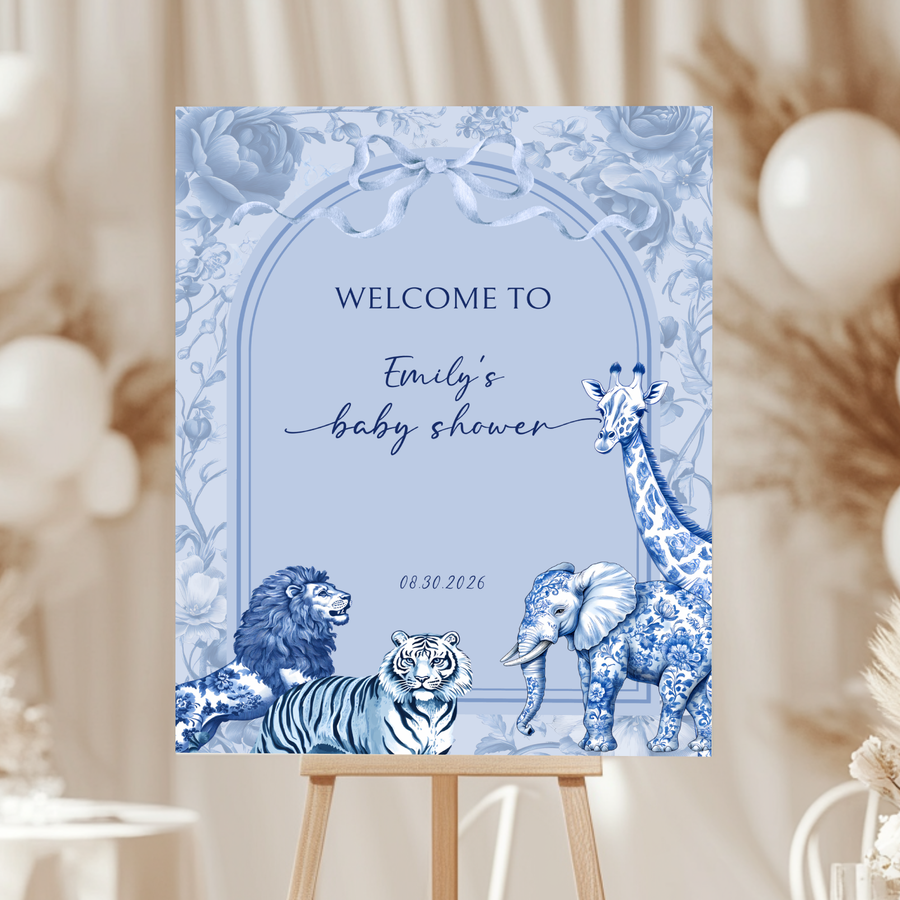 Baby Shower Welcome Sign - Blue Toile de Jouy Safari BS85