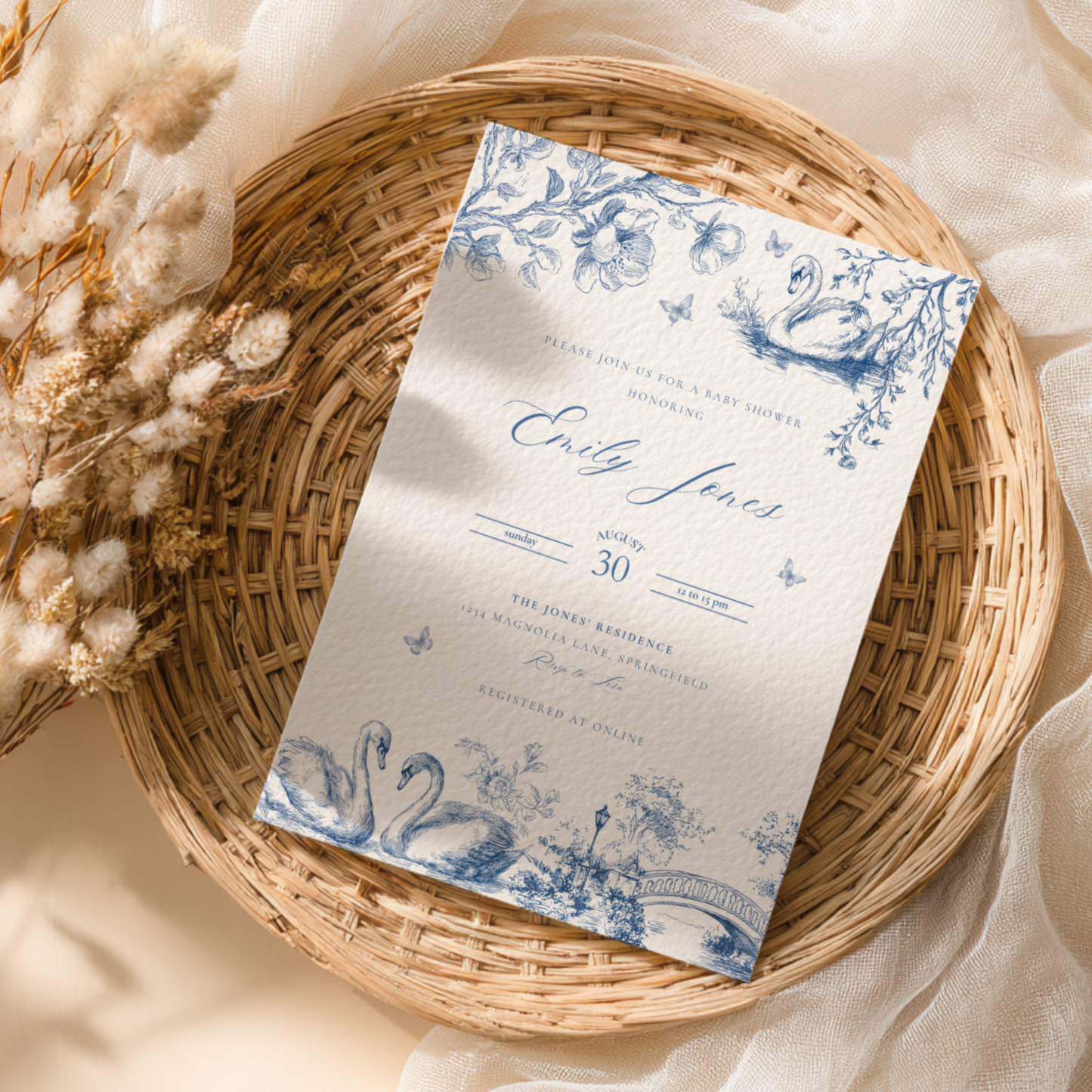 Baby Shower Invitation - Swan Lake Romantic Blue Toile de Jouy BS202