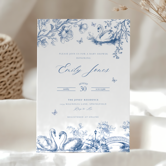 Baby Shower Invitation - Swan Lake Romantic Blue Toile de Jouy BS202