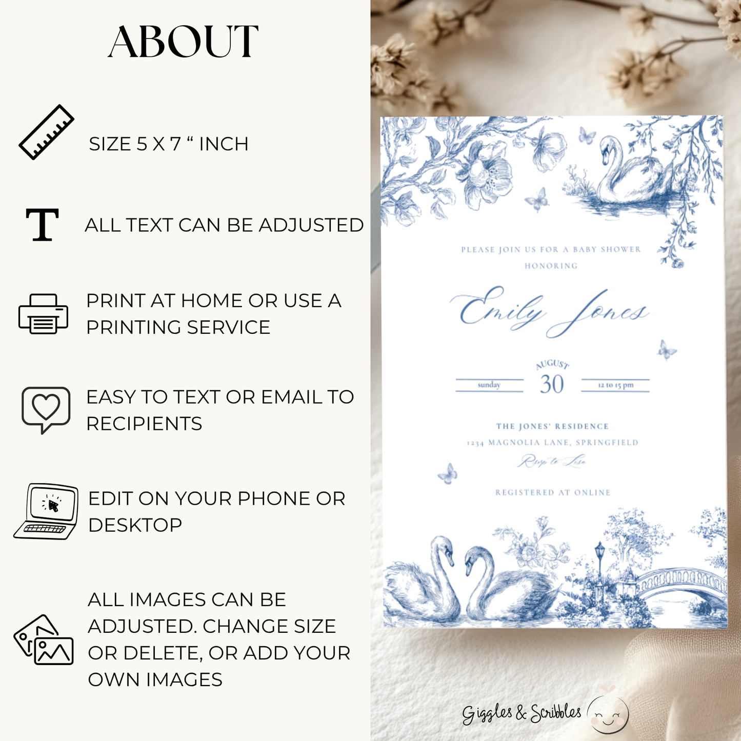 Baby Shower Invitation - Swan Lake Romantic Blue Toile de Jouy BS202