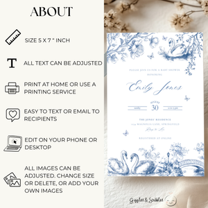Baby Shower Invitation - Swan Lake Romantic Blue Toile de Jouy BS202