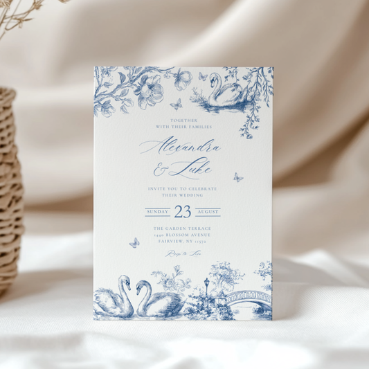Swan Lake Blue Toile Wedding Invitation L80