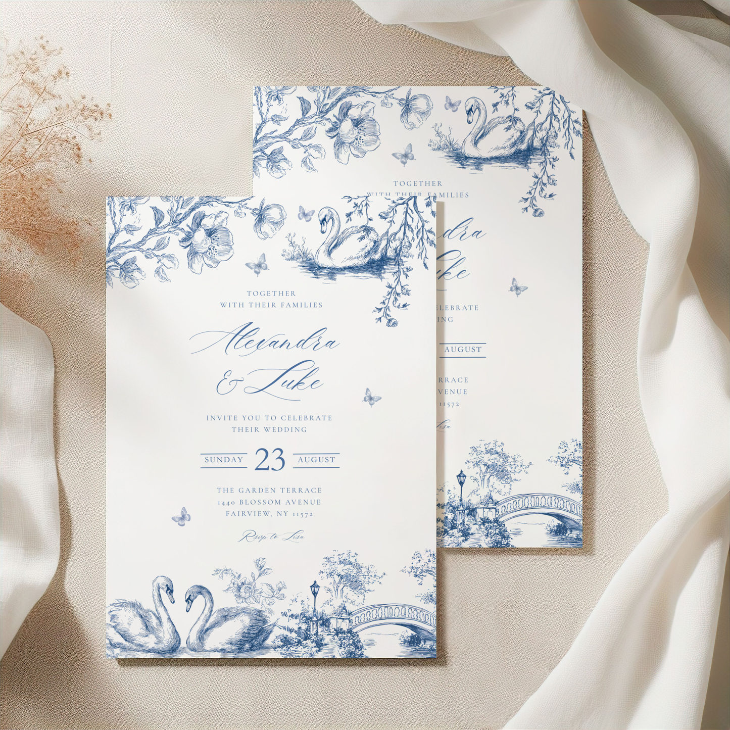 Swan Lake Blue Toile Wedding Invitation L80