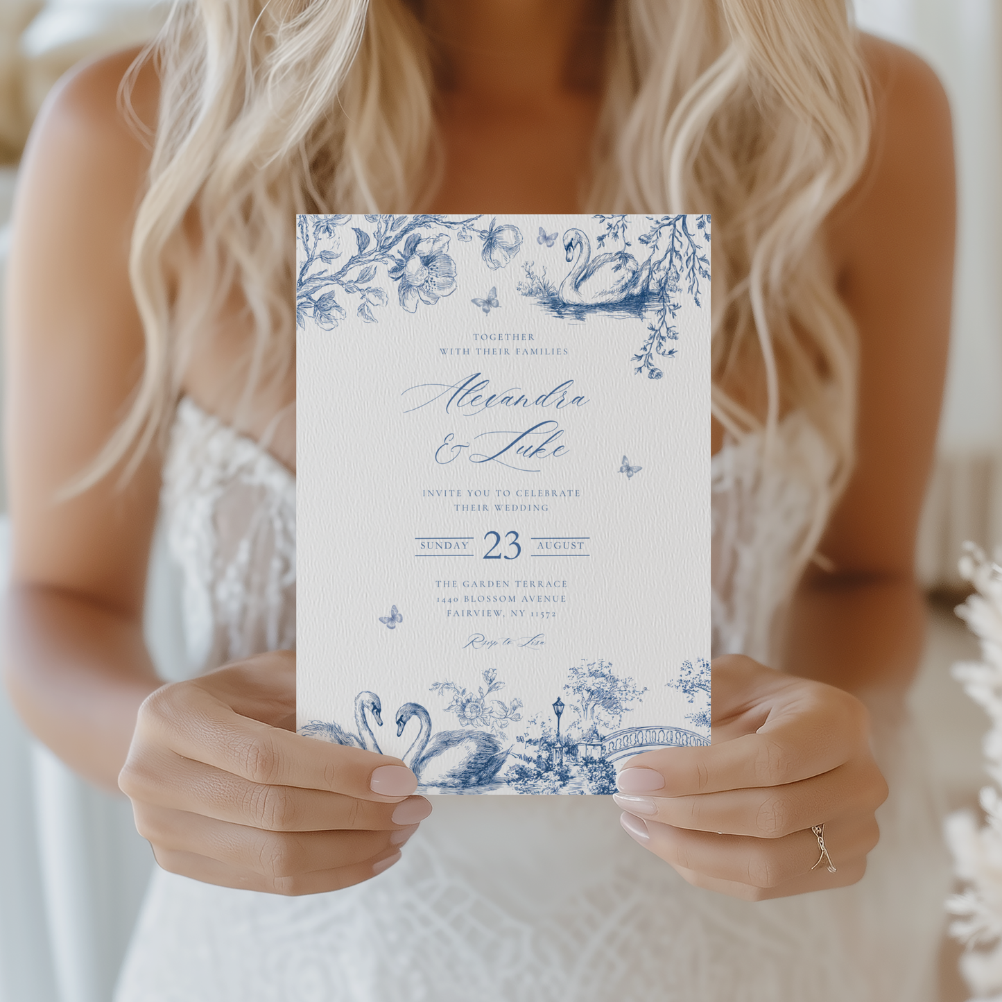Swan Lake Blue Toile Wedding Invitation L80