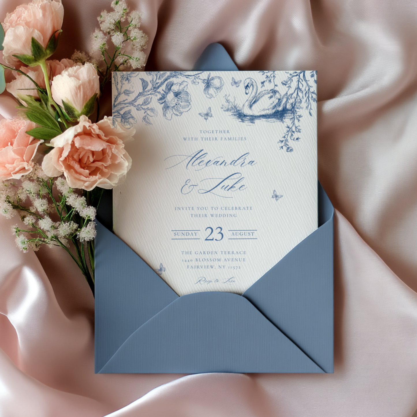 Swan Lake Blue Toile Wedding Invitation L80