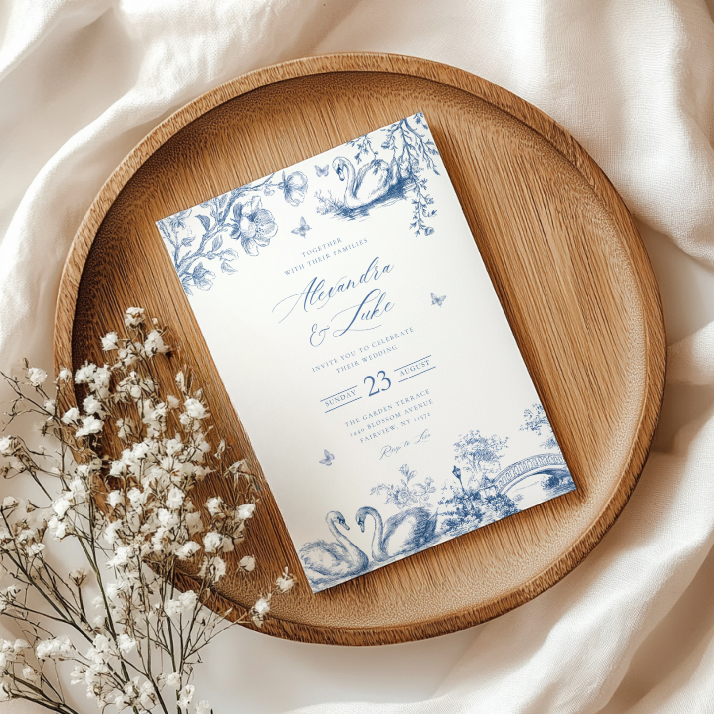 Swan Lake Blue Toile Wedding Invitation L80