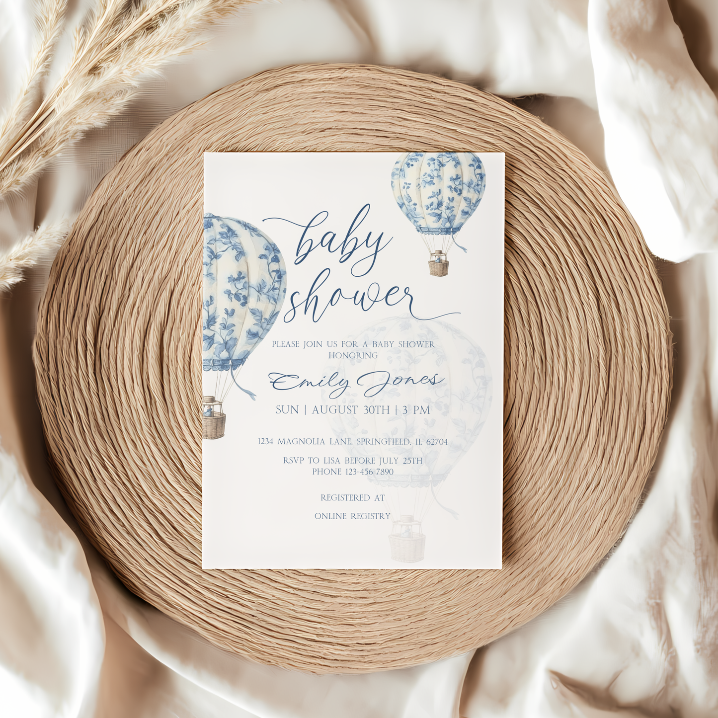Baby Shower Invitation - Blue Toile de Jouy Hot Air Balloon Elegant BS120