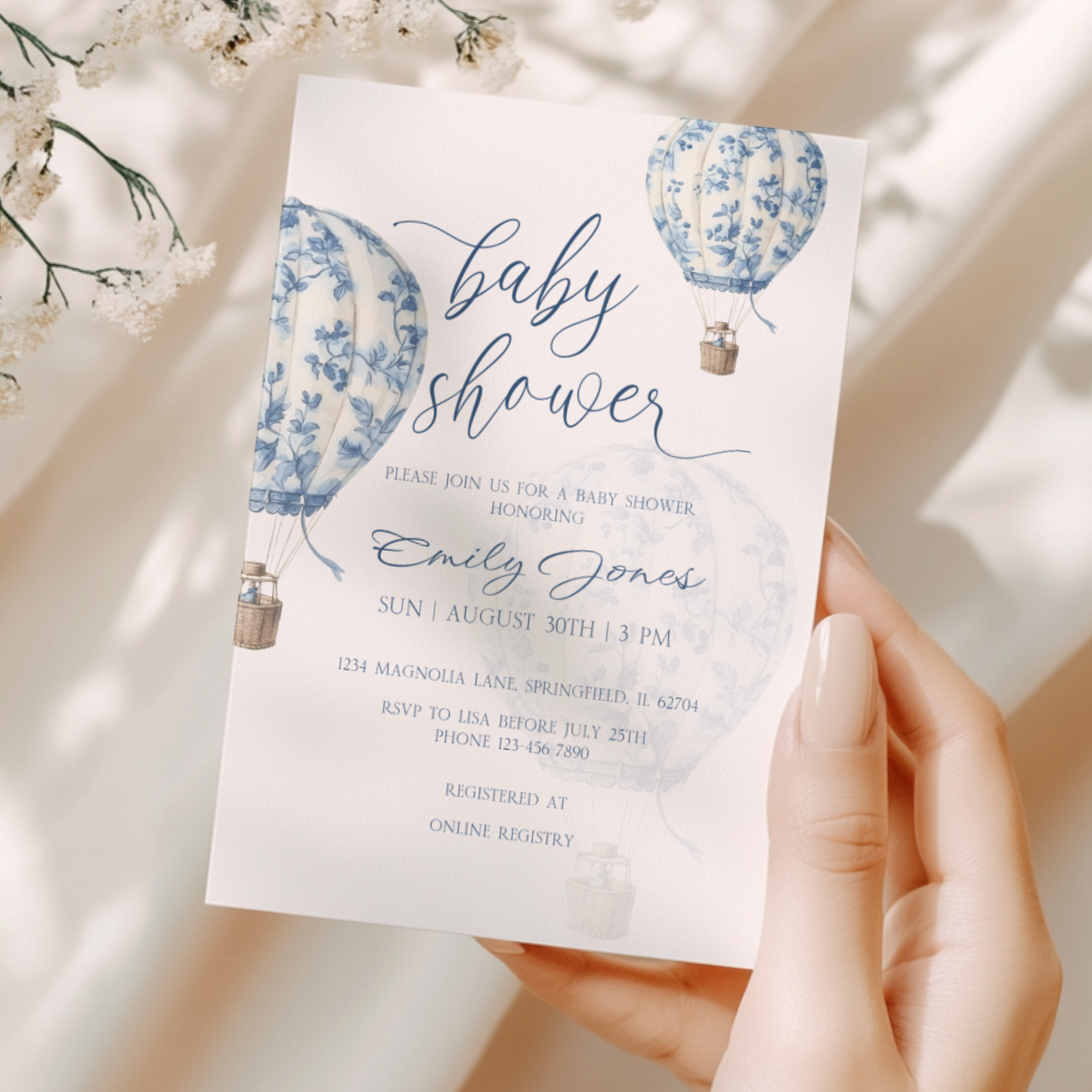 Baby Shower Invitation - Blue Toile de Jouy Hot Air Balloon Elegant BS120