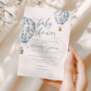 Baby Shower Invitation - Blue Toile de Jouy Hot Air Balloon Elegant BS120