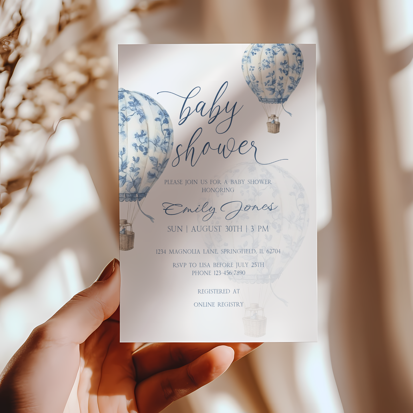 Baby Shower Invitation - Blue Toile de Jouy Hot Air Balloon Elegant BS120