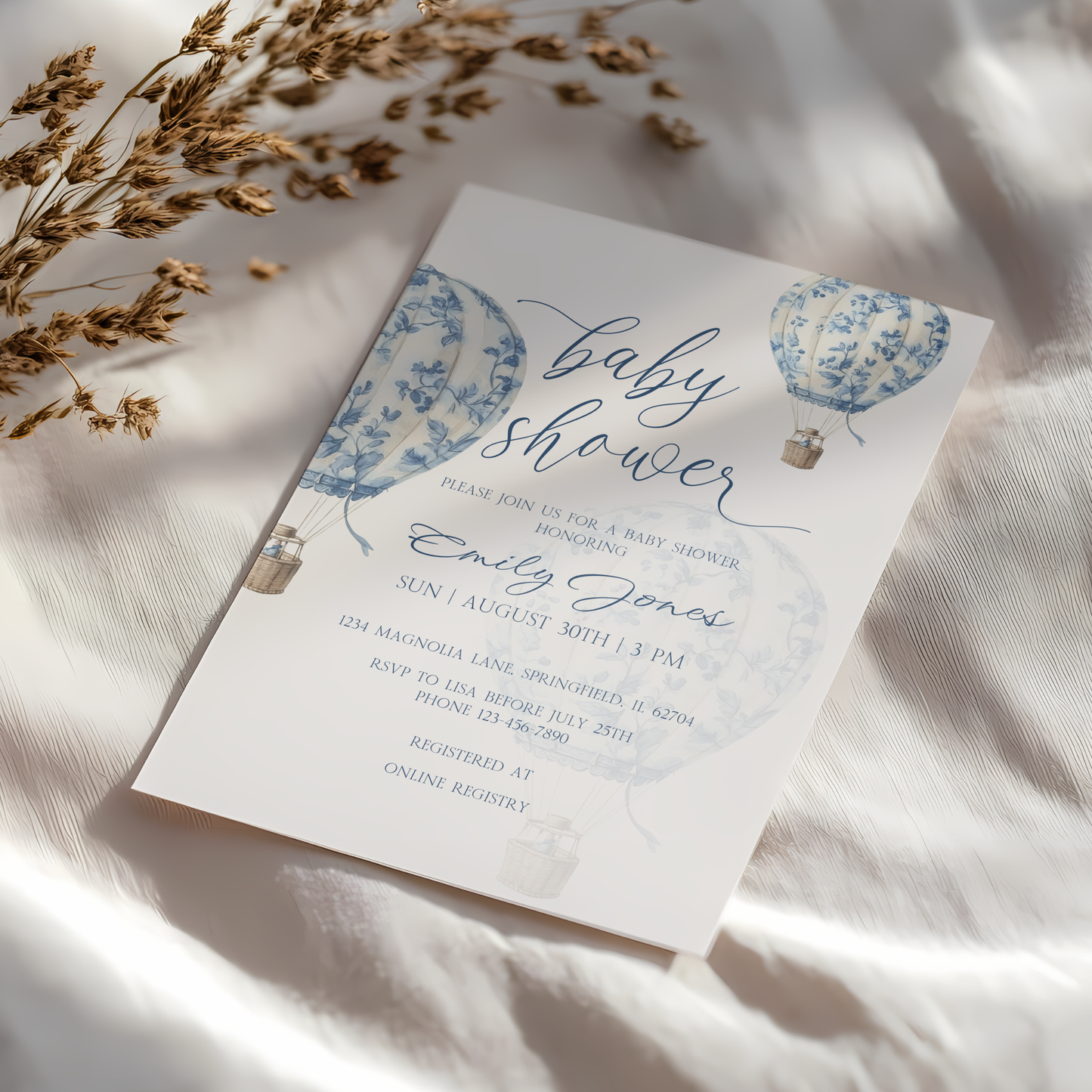 Baby Shower Invitation - Blue Toile de Jouy Hot Air Balloon Elegant BS120