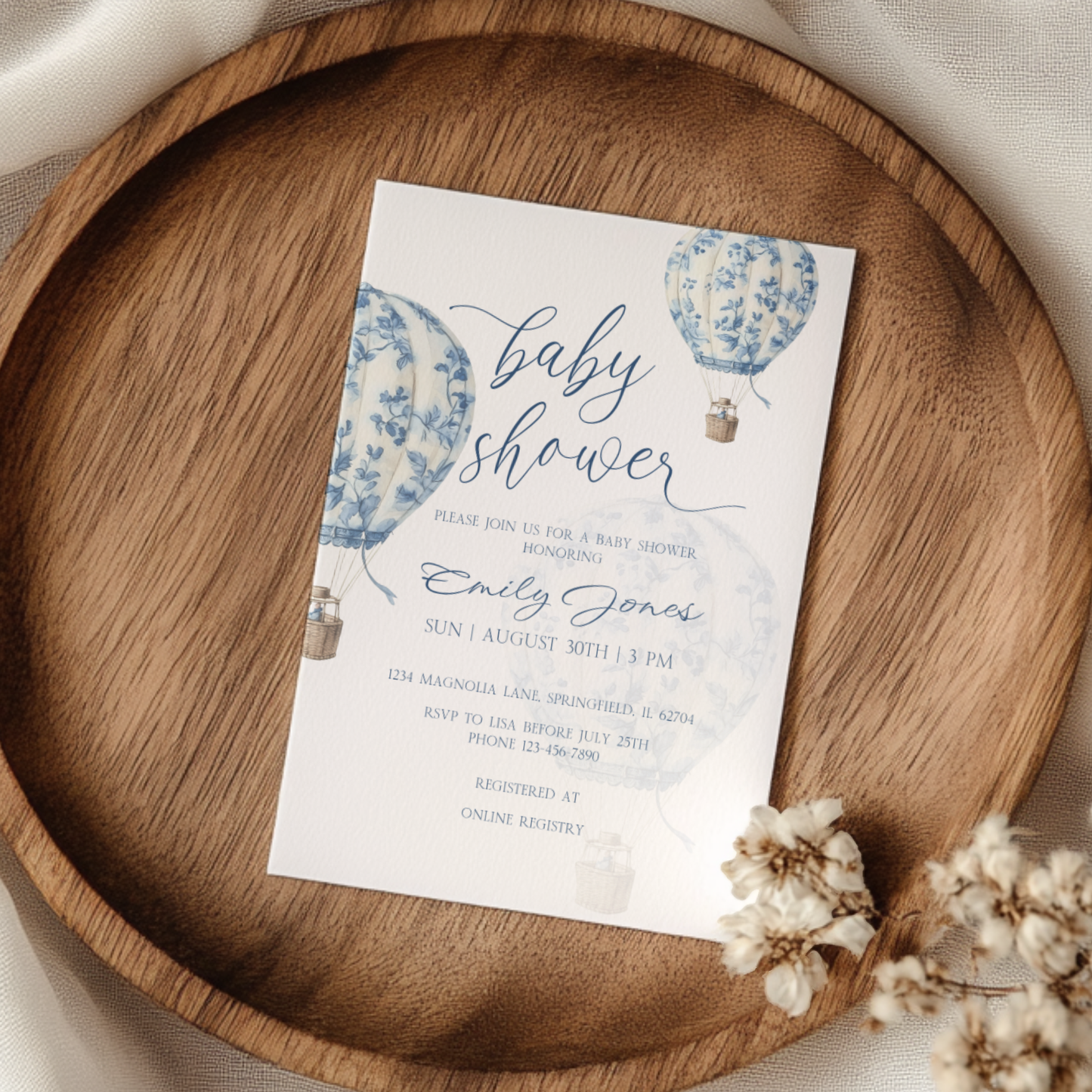Baby Shower Invitation - Blue Toile de Jouy Hot Air Balloon Elegant BS120