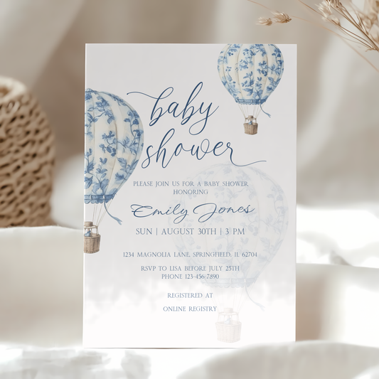 Baby Shower Invitation - Blue Toile de Jouy Hot Air Balloon Elegant BS120