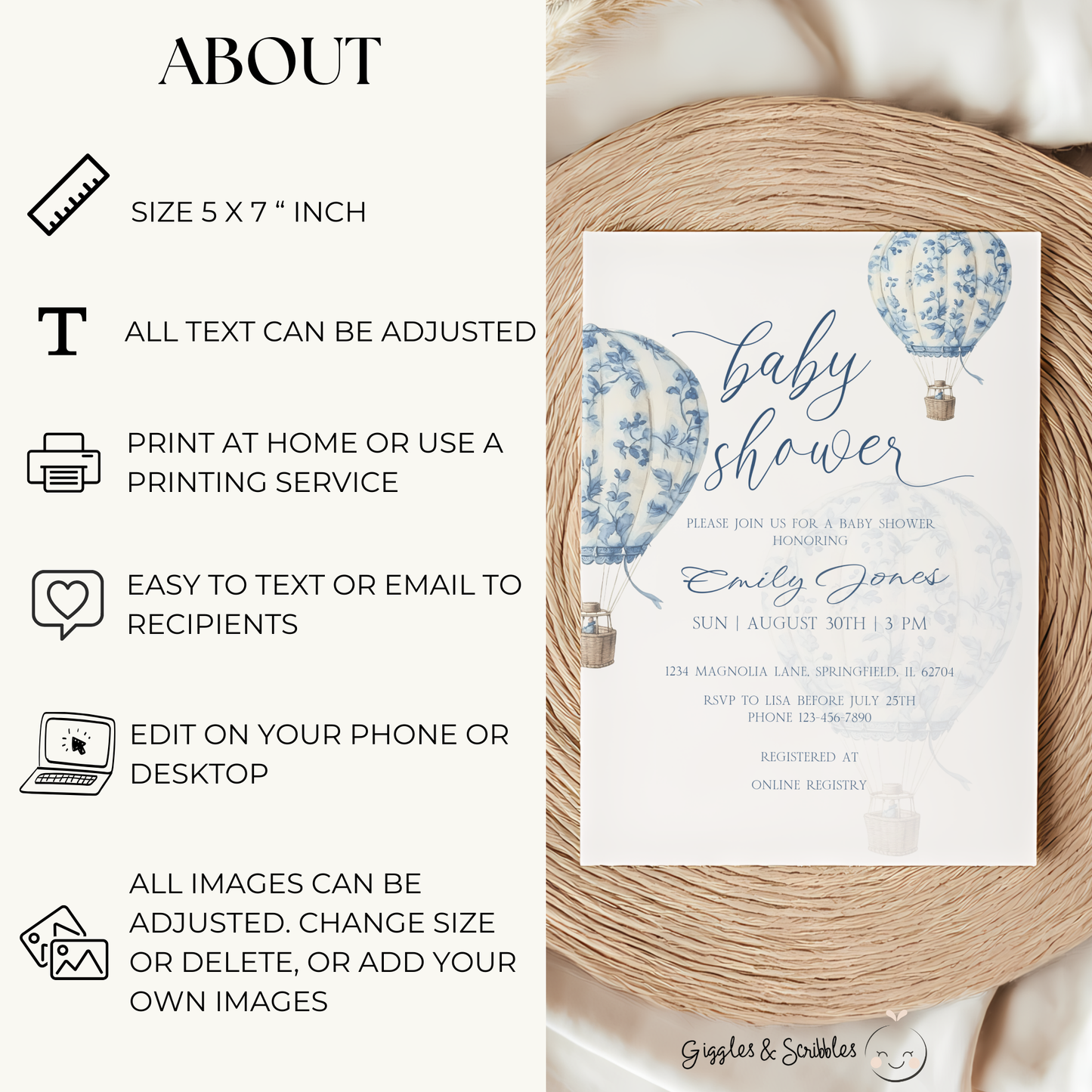 Baby Shower Invitation - Blue Toile de Jouy Hot Air Balloon Elegant BS120
