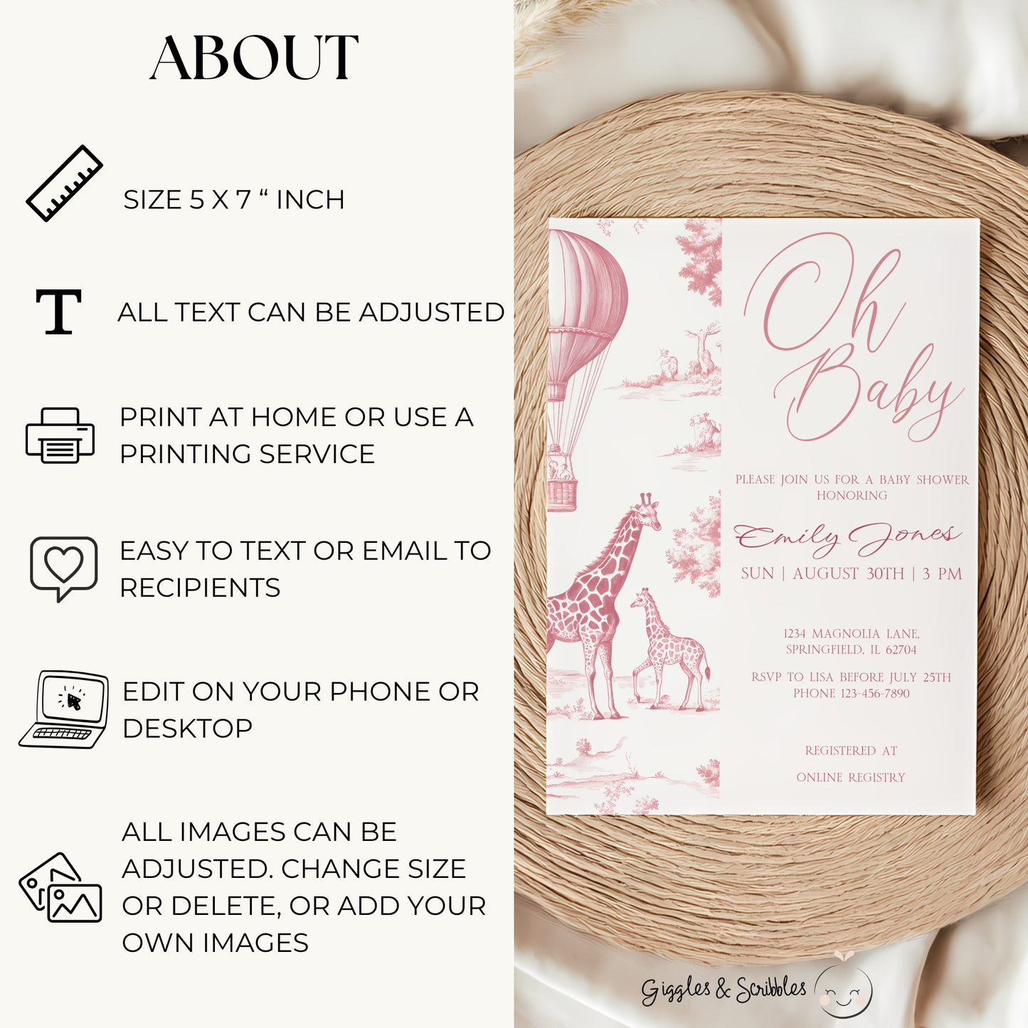 Baby Shower Invitation - Pink Toile de Jouy Safari Elegant Hot Air Balloon BS121
